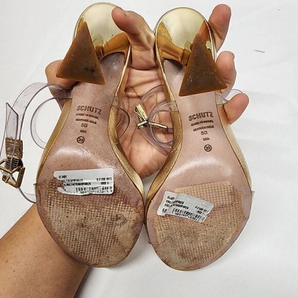 Schutz Size 5 B Glasy Gold Metallic Transparent Heel Sandals M - Picture 6 of 10
